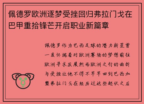 佩德罗欧洲逐梦受挫回归弗拉门戈在巴甲重拾锋芒开启职业新篇章