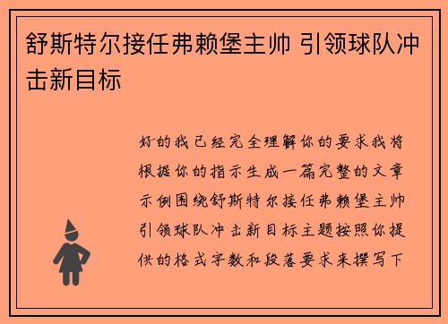 舒斯特尔接任弗赖堡主帅 引领球队冲击新目标