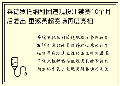 桑德罗托纳利因违规投注禁赛10个月后复出 重返英超赛场再度亮相